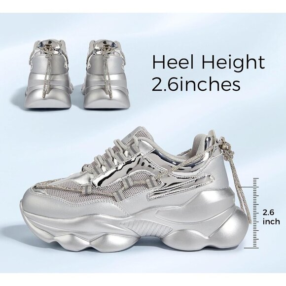 Women's 90s Chunky Sneakers Rope Platform Casual Thick Rave Walking Shoes Silver - Picture 2 of 9